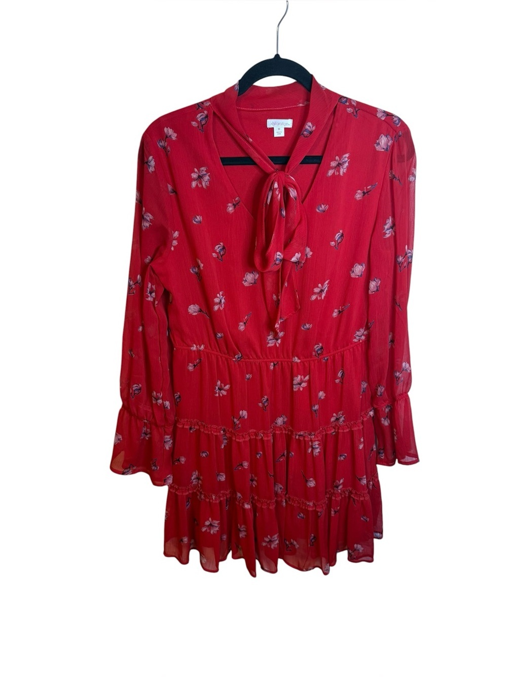 Xhilaration Red Floral Tiered Tie Neck Long Sleeve Bohemian Dress